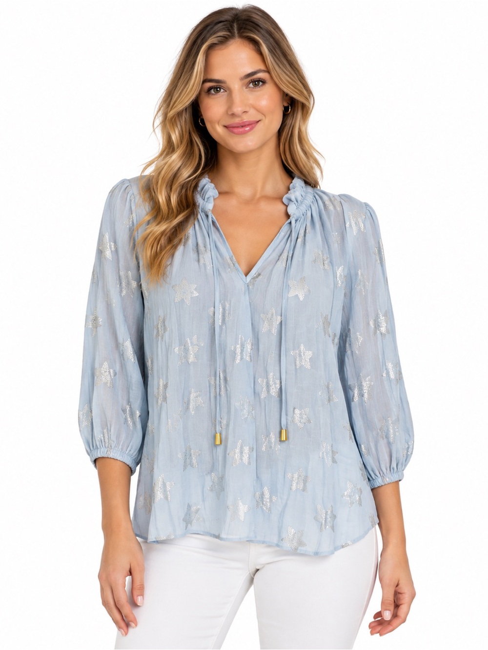 Light Blue Star-Print Peasant Blouse with Metallic Accents - 1091